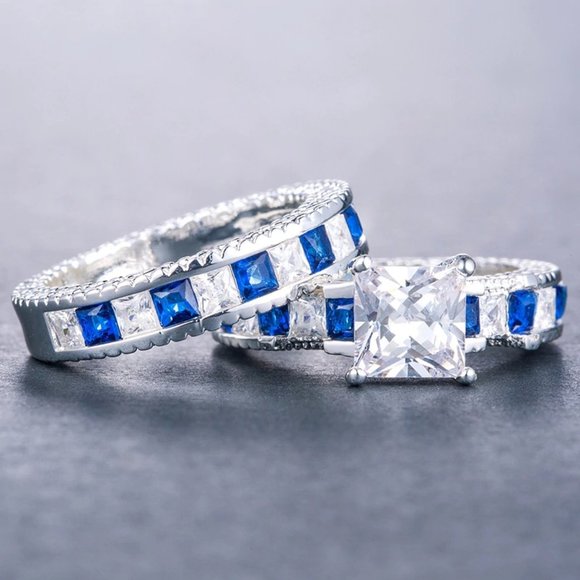 NEW 925 Sterling Silver Princess Cut Sapphire Ring - Picture 11 of 13